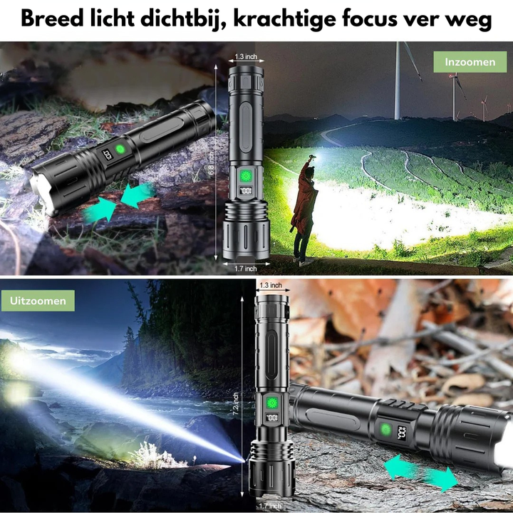 Collage zur Zoomfunktion: breiter Lichtkegel im Nahbereich und gebündelter Strahl in die Ferne, dazu Maßangaben der Taschenlampe. 2