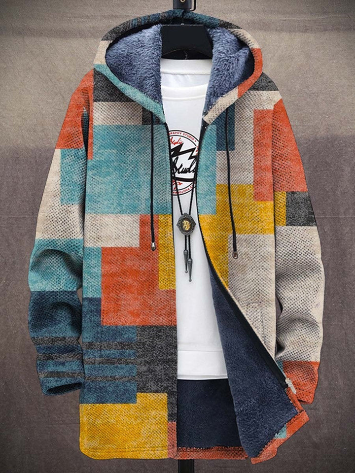 Offene Kapuzenjacke mit Plüschfutter und geometrischem Blockmuster in Türkis, Orange, Gelb und Beige auf einem Ständer 1