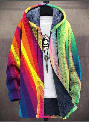 Offene Kapuzenjacke mit Plüschfutter und diagonalen Regenbogenstreifen von Rot über Gelb bis Grün 2