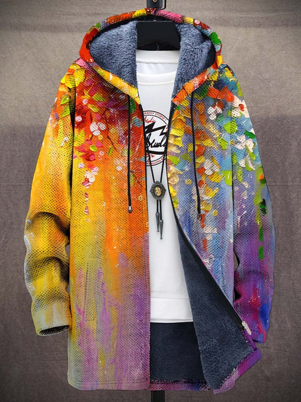 Offene Kapuzenjacke mit Plüschfutter und Blumenmotiv im Ölgemälde-Stil in Orange, Gelb, Violett und Blau 3