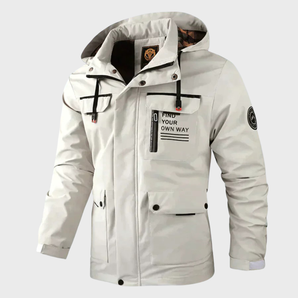 Weiße Herrenjacke mit Kapuze, Reißverschlusstaschen und Aufdruck "Find Your Own Way".
