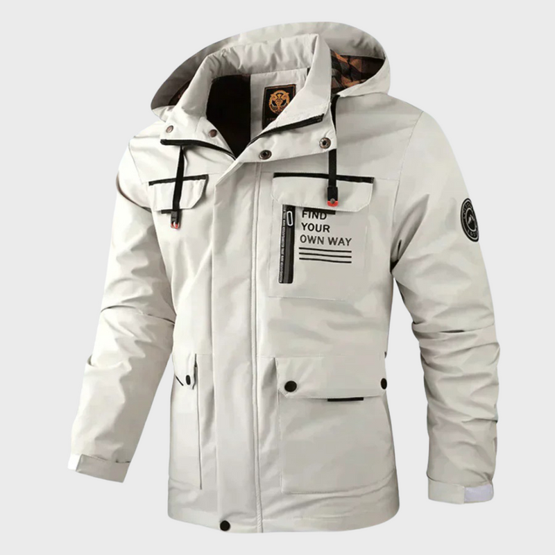 Weiße Herrenjacke mit Kapuze, Reißverschlusstaschen und Aufdruck "Find Your Own Way".