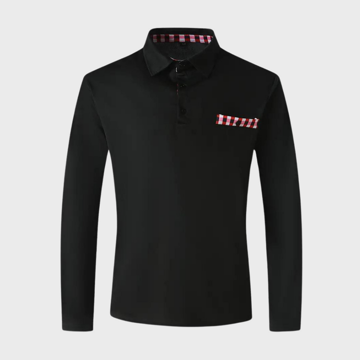 Schwarzes Langarm-Poloshirt mit kariertem Kragen und Brusttasche, Herrenmode.