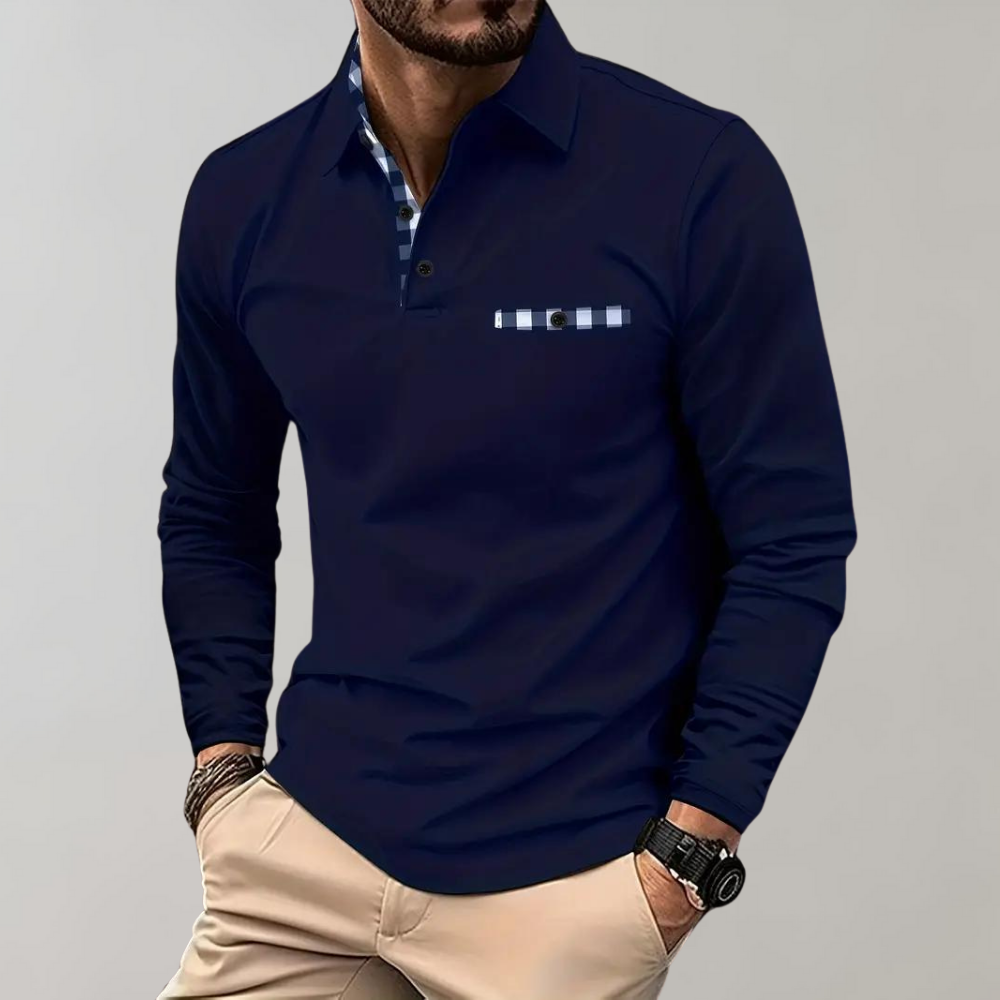 Dunkelblaues Herren-Poloshirt, Langarm, kariertes Detail, Freizeitmode, Baumwolle.
