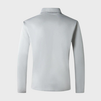 Silbergraues Langarm-Poloshirt für Herren, atmungsaktives Material, klassischer Kragen.