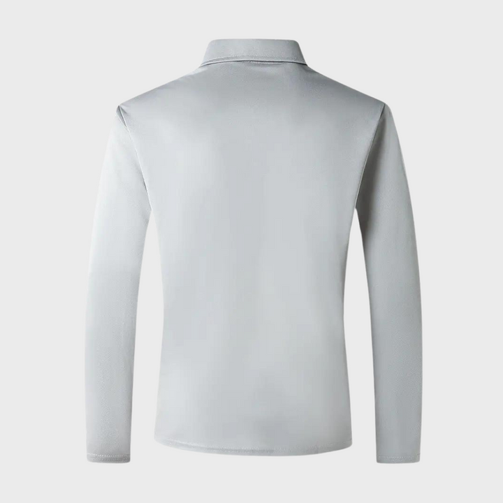 Silbergraues Langarm-Poloshirt für Herren, atmungsaktives Material, klassischer Kragen.