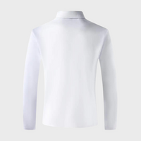 Weißes Langarm-Poloshirt aus Baumwolle, Rückansicht, klassisches Design, Herrenmode.