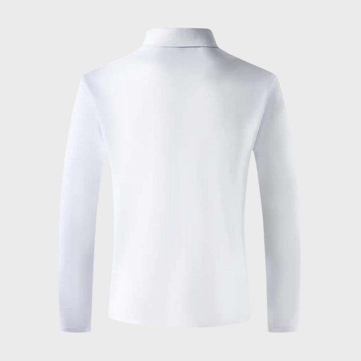 Weißes Langarm-Poloshirt aus Baumwolle, Rückansicht, klassisches Design, Herrenmode.