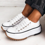 Weiße Plateau-Sneaker aus Leder mit dicker Sohle, modische Damen-Sportschuhe.