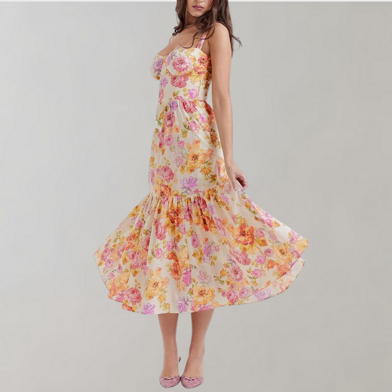 Blumenmuster Midi-Party Kleid – Mireille