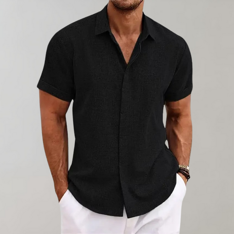 Schwarzes Herrenhemd, kurzärmelig, Baumwolle, lässig, modern, für Sommermode.