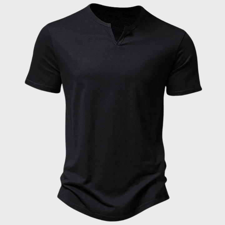 Schwarzes Herren-T-Shirt aus Baumwolle, V-Ausschnitt, kurzärmelig, modisch, bequem.