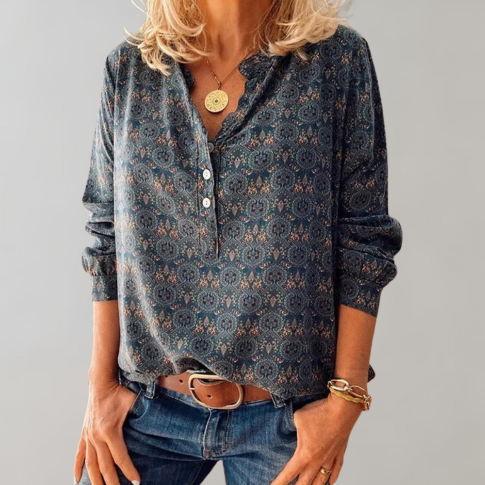 Vintage damebluse med knaplukning og print – Selina