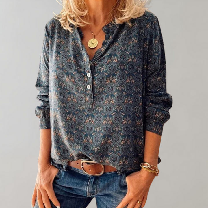 Vintage damebluse med knaplukning og print – Selina