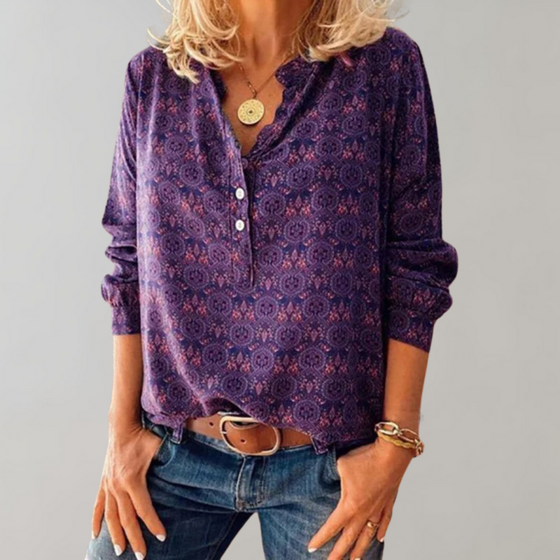 Vintage damebluse med knaplukning og print – Selina