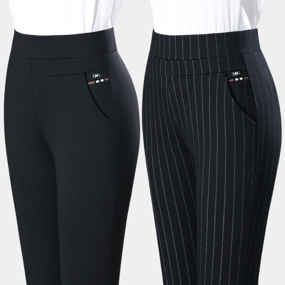 Zwei Damenhosen, schwarz und gestreift, elastisch, mit Taschen, ideal für Büro und Freizeit.