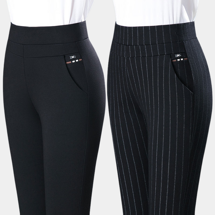 Zwei Damenhosen, schwarz und gestreift, elastisch, mit Taschen, ideal für Büro und Freizeit.