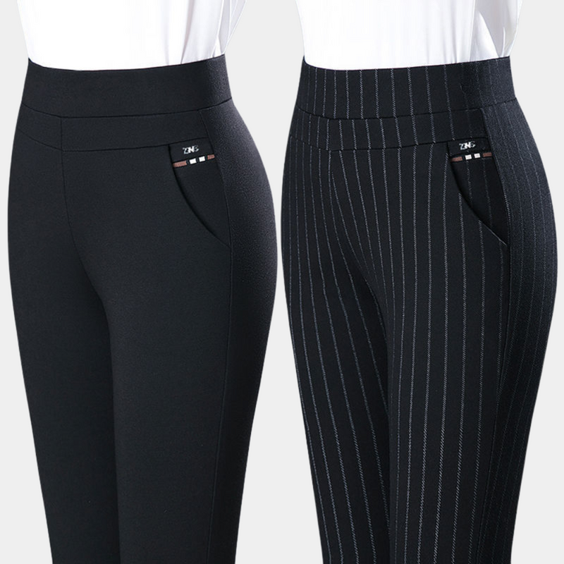 Zwei Damenhosen, schwarz und gestreift, elastisch, mit Taschen, ideal für Büro und Freizeit.