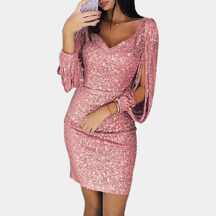 Funkelndes rosa Paillettenkleid mit langen Ärmeln, elegantes Abendkleid für Damen.