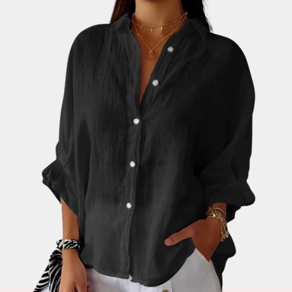Linen women's blouse with long sleeves and button placket – Ysolde
