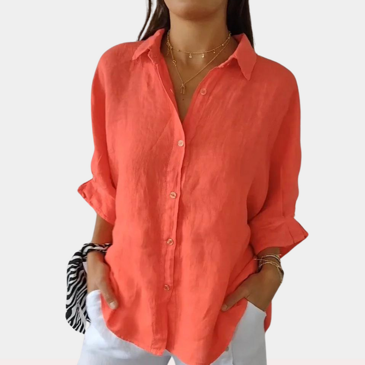 Linen women's blouse with long sleeves and button placket – Ysolde