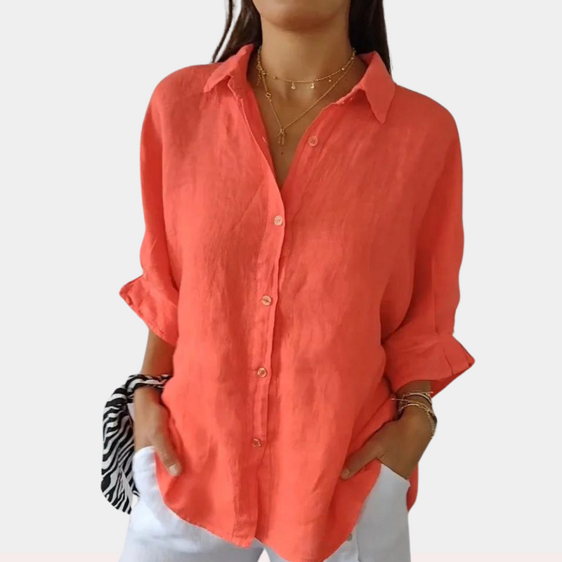 Linen women's blouse with long sleeves and button placket – Ysolde