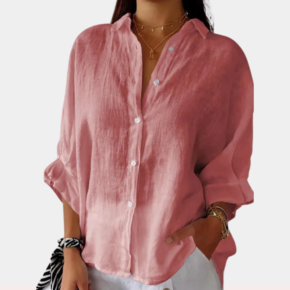 Linen women's blouse with long sleeves and button placket – Ysolde