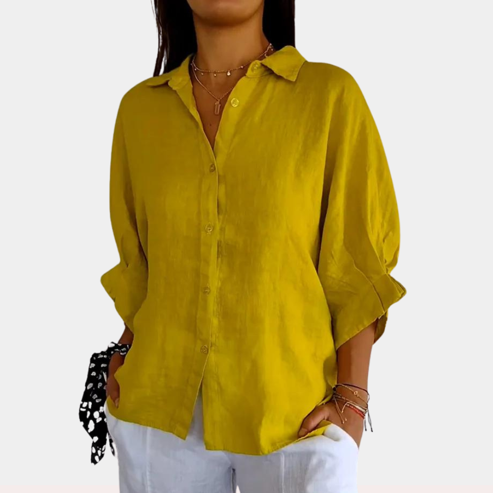 Linen women's blouse with long sleeves and button placket – Ysolde