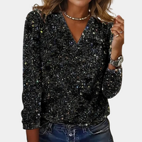 Funkelnde schwarze Damenbluse, V-Ausschnitt, lange Ärmel, elegantes Design, Party-Mode.