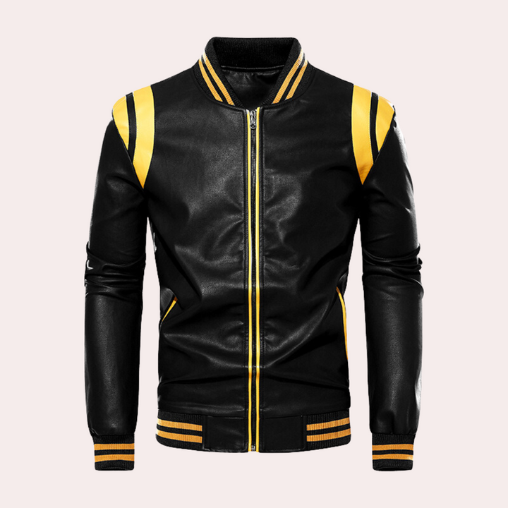 Leather bomber jacket with zipper and sporty stripes – Dorian