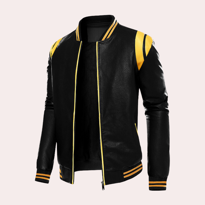 Leather bomber jacket with zipper and sporty stripes – Dorian