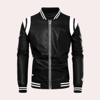 Leather bomber jacket with zipper and sporty stripes – Dorian