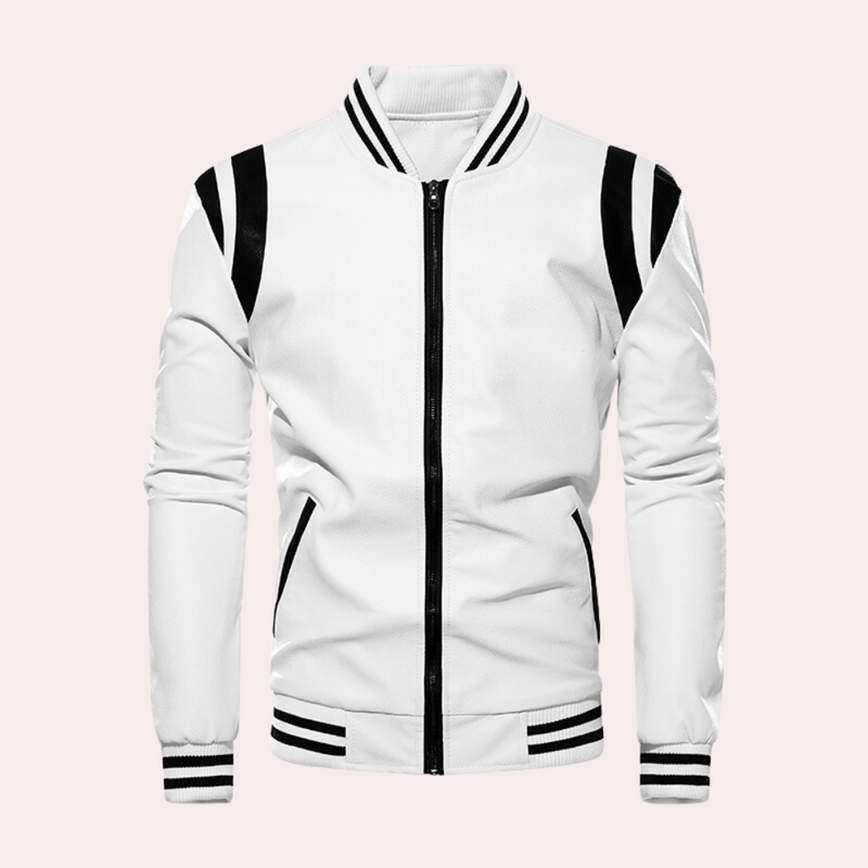 Leather bomber jacket with zipper and sporty stripes – Dorian
