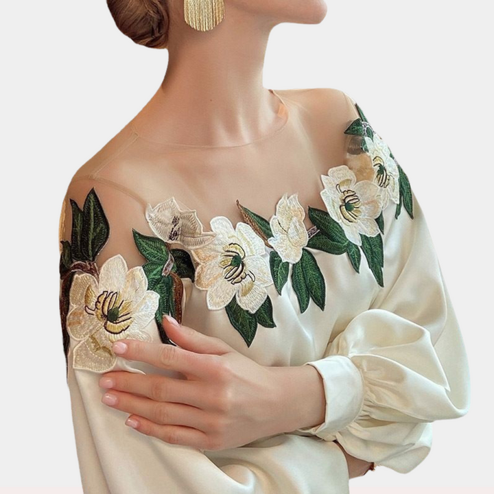 Blumenmuster Beige Damenbluse mit Lockere Passform – Elvira