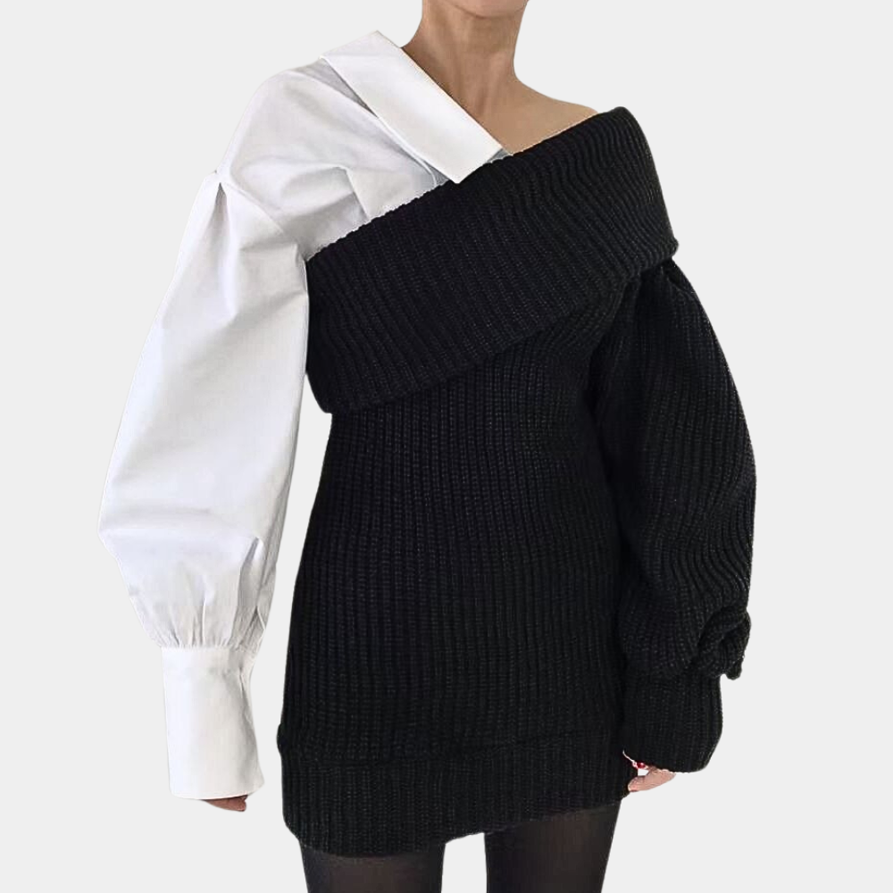 Brushed Off-Shoulder Dress with Contrasting Sleeves – Selina