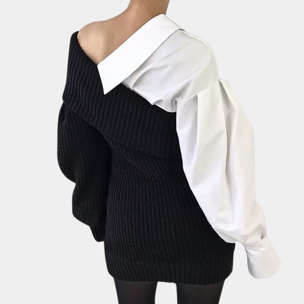 Brushed Off-Shoulder Dress with Contrasting Sleeves – Selina