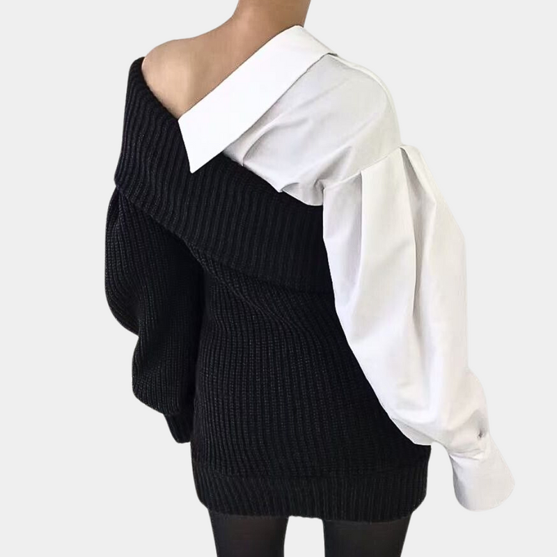 Brushed Off-Shoulder Dress with Contrasting Sleeves – Selina