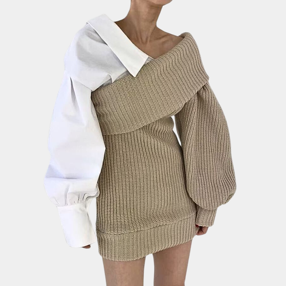 Brushed Off-Shoulder Dress with Contrasting Sleeves – Selina