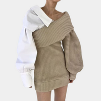 Brushed Off-Shoulder Dress with Contrasting Sleeves – Selina