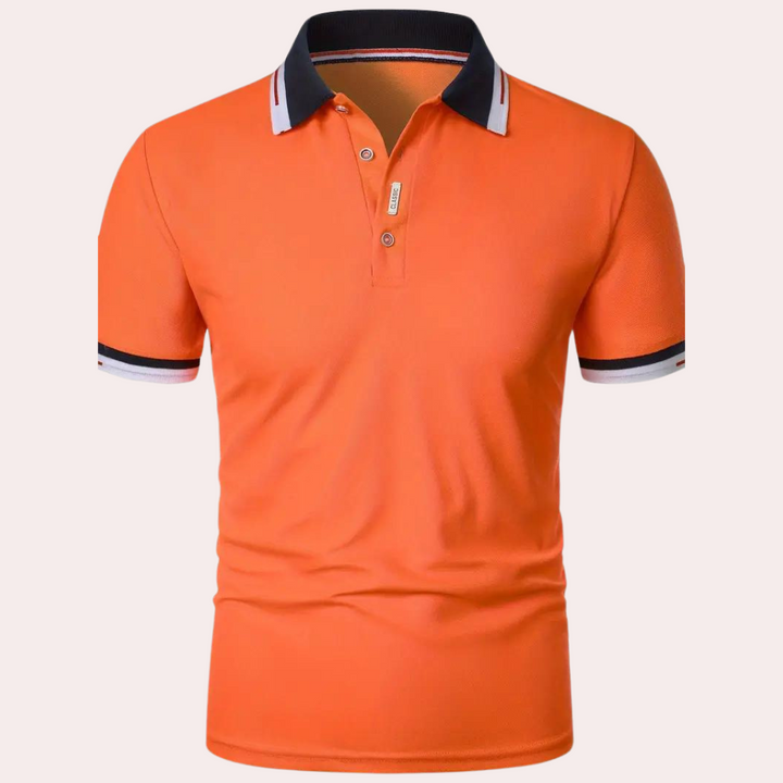 Orangefarbenes Polohemd für Herren, kurzärmelig, Baumwolle, modischer Kragen, Freizeitkleidung.