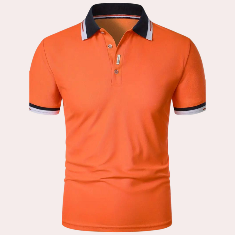 Orangefarbenes Polohemd für Herren, kurzärmelig, Baumwolle, modischer Kragen, Freizeitkleidung.