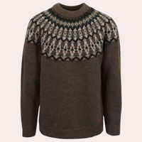 Grüner Norwegerpullover aus Wolle mit traditionellem Muster, Herrenmode, Winterkleidung.