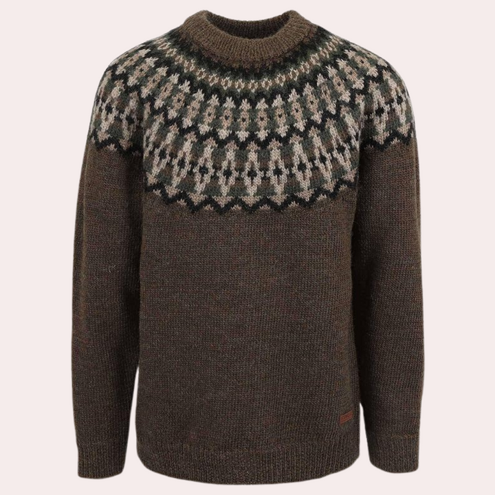 Grüner Norwegerpullover aus Wolle mit traditionellem Muster, Herrenmode, Winterkleidung.
