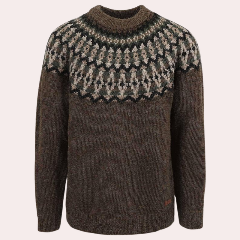 Grüner Norwegerpullover aus Wolle mit traditionellem Muster, Herrenmode, Winterkleidung.