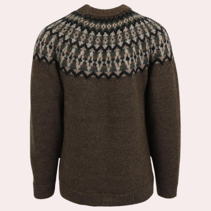 Brauner Strickpullover mit nordischem Muster, Unisex, warm, aus Wolle, ideal für Herbst und Winter.