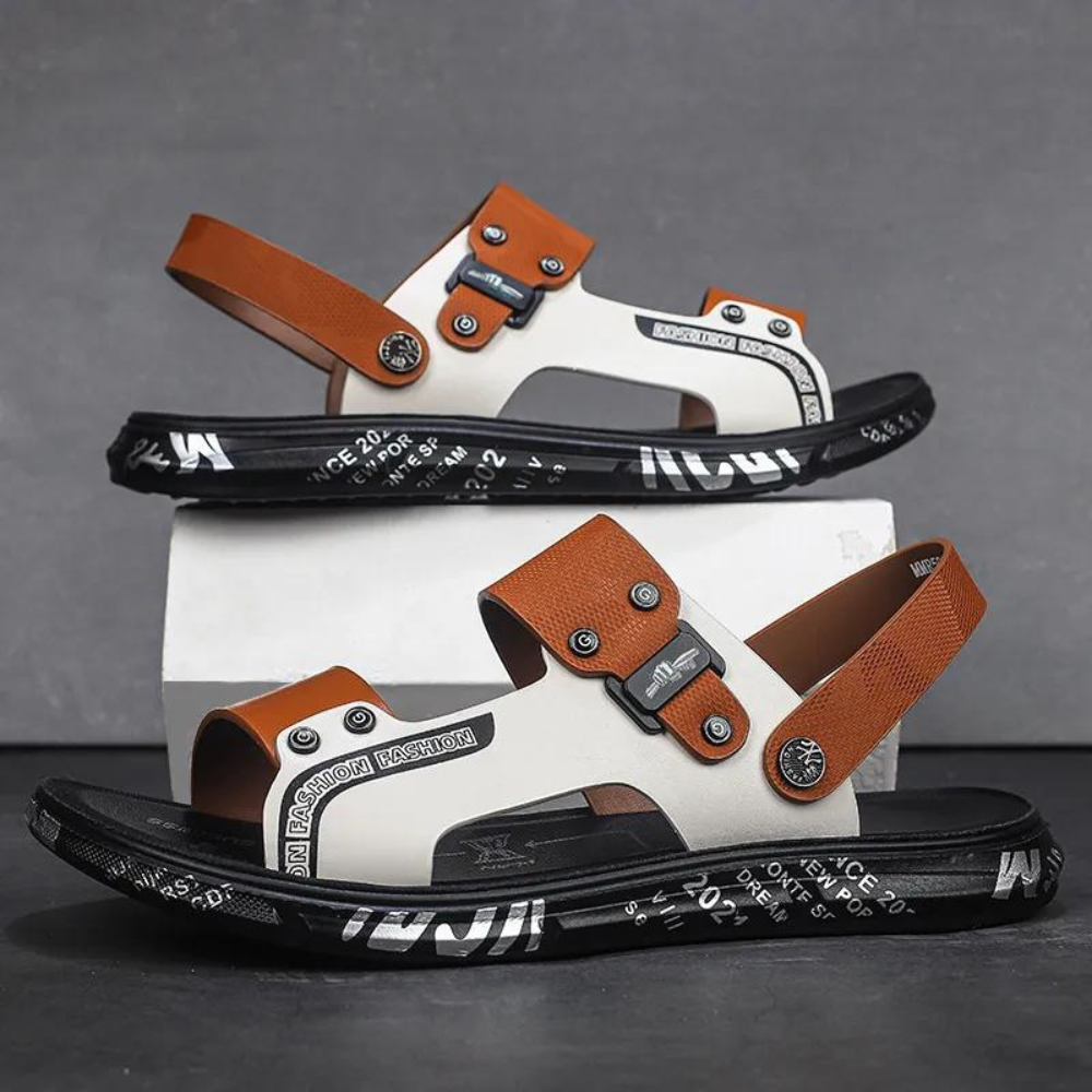 Gelbe und weiße Sandalen für Herren, Leder, rutschfeste Sohle, modisches Design.