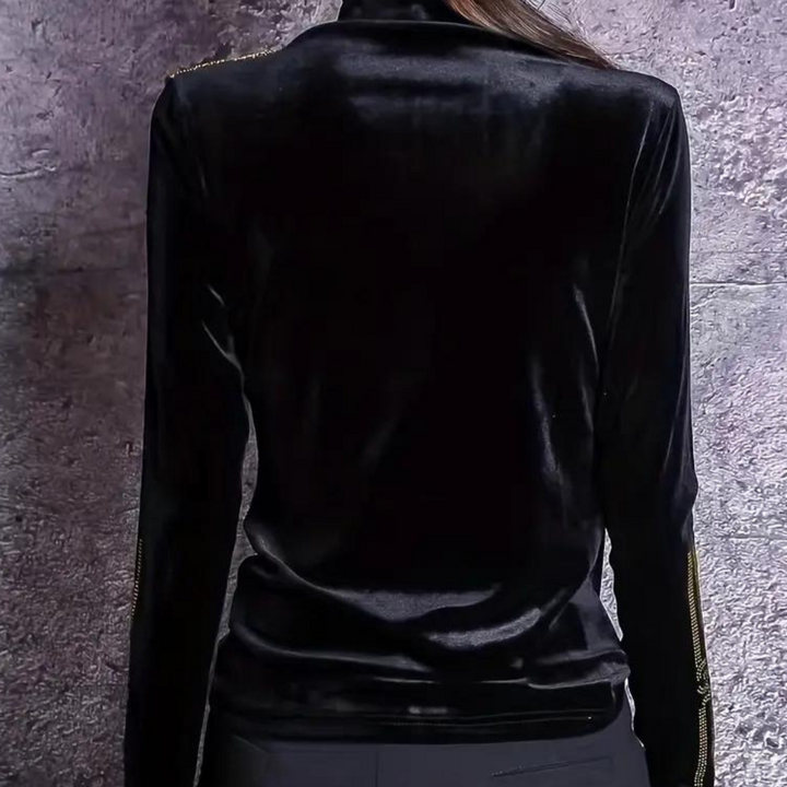 Schwarzer Samt-Damenpullover mit Reißverschlussdetails, elegantes Design, Rückansicht.