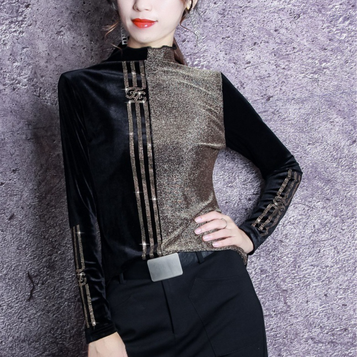 Damenbluse schwarz-gold, Samt, Glitzer, Langarm, elegant, modisch, Party-Outfit