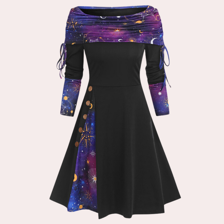 Lila-schwarzes Damenkleid mit Sternenmuster, Knöpfen, schulterfreiem Design, langärmelig.