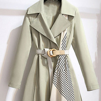 Hellgrüner Trenchcoat mit Gürtel, Streifenmuster, Damenmode, eleganter Mantel, Herbstkleidung.